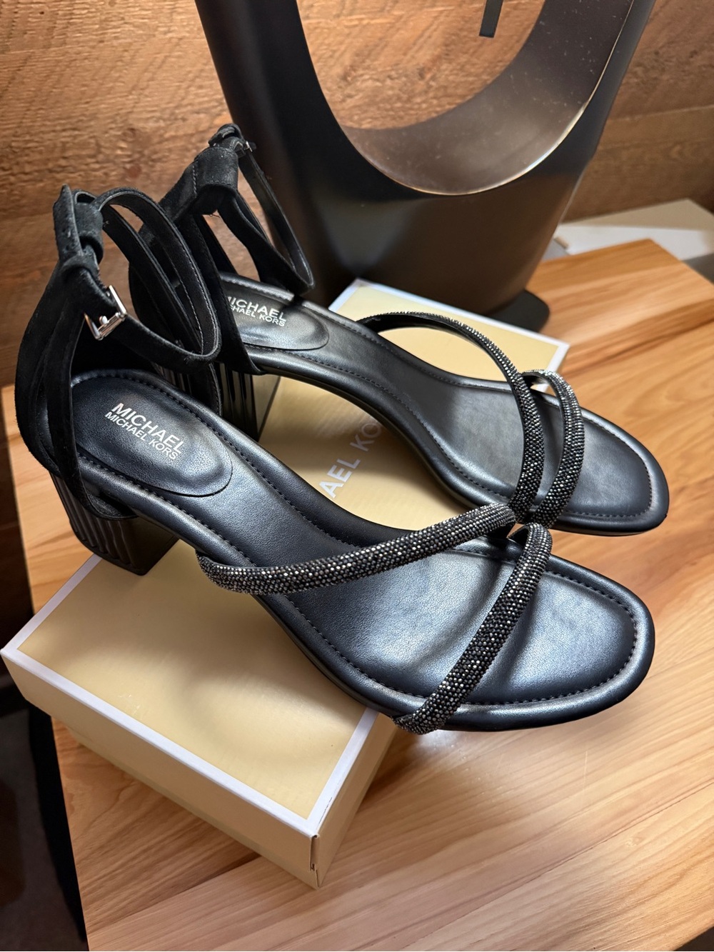 Michael Kors Black Crystal-Strap Block Heel Sandals